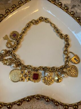 RARE VTG Matte Gold French Etruscan Charm Necklace